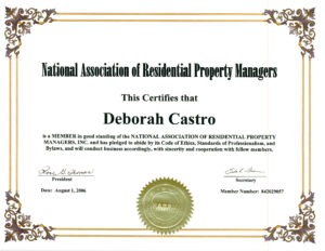 Certificate confirming Deborah Castro as a member in good standing of the National Association of Residential Property Managers, dated August 1, 2006.