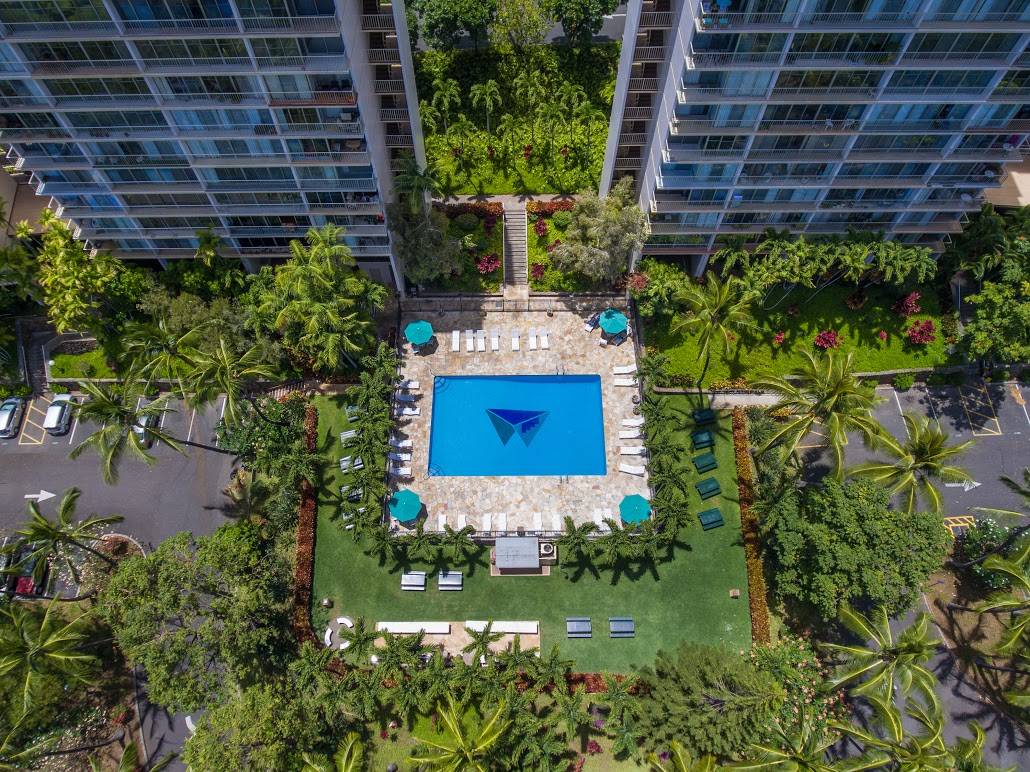 A top-down view of a pool surrounded by palm trees and lounge chairs, located next to tall residential buildings.