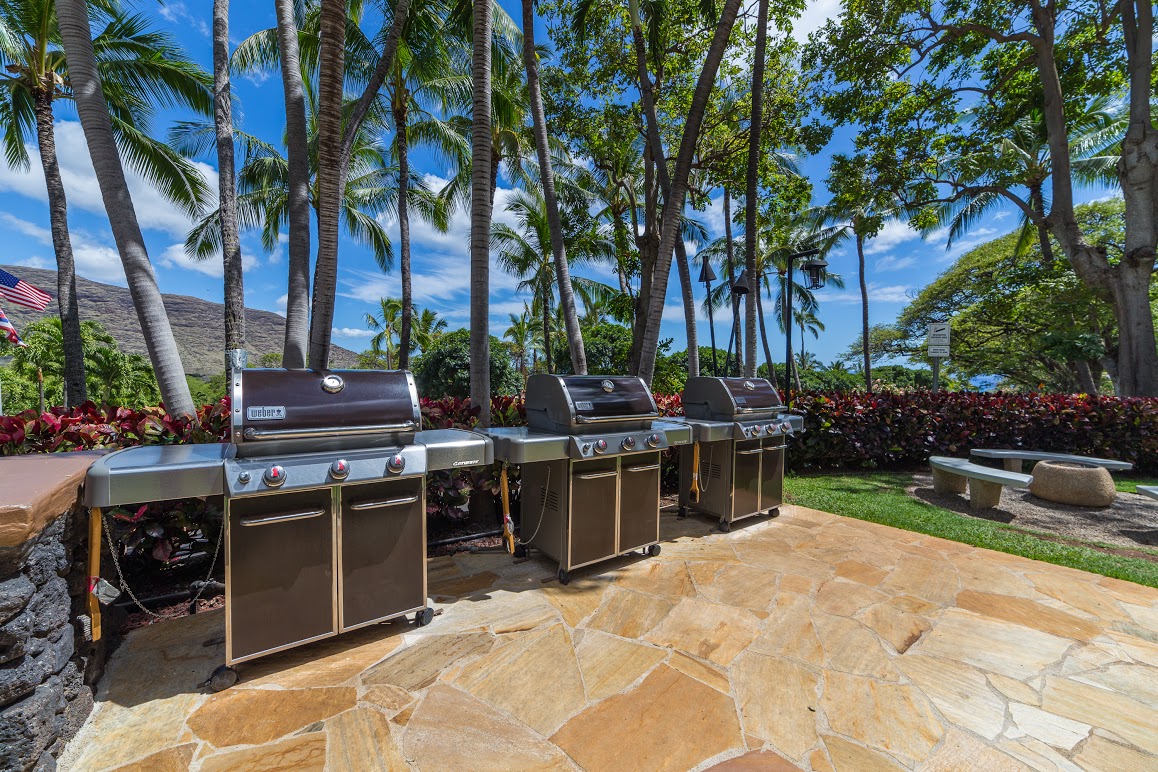Outdoor BBQ area with three grills surrounded by tall palm trees, a bench, and green landscaping under a blue sky with clouds.