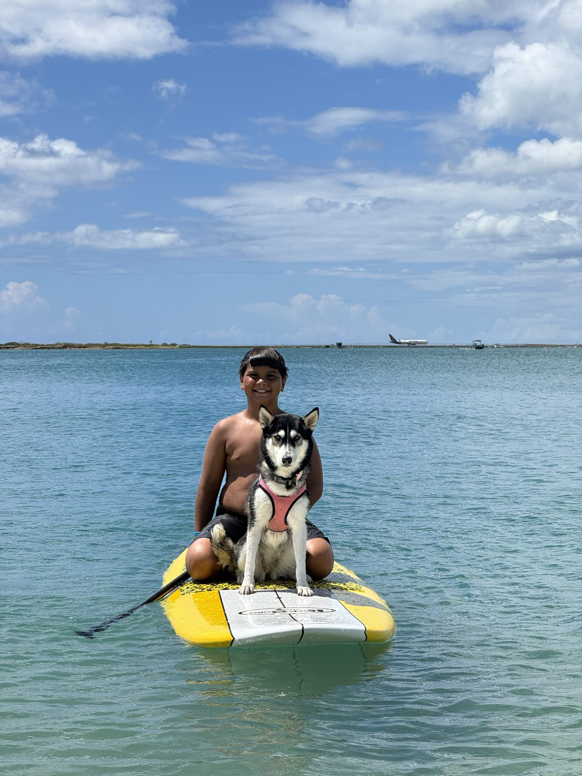 A child and a dog sitting on a yellow paddleboard in the water, with the child smiling and the dog wearing a harness, set against a clear blue sky with a few clouds.